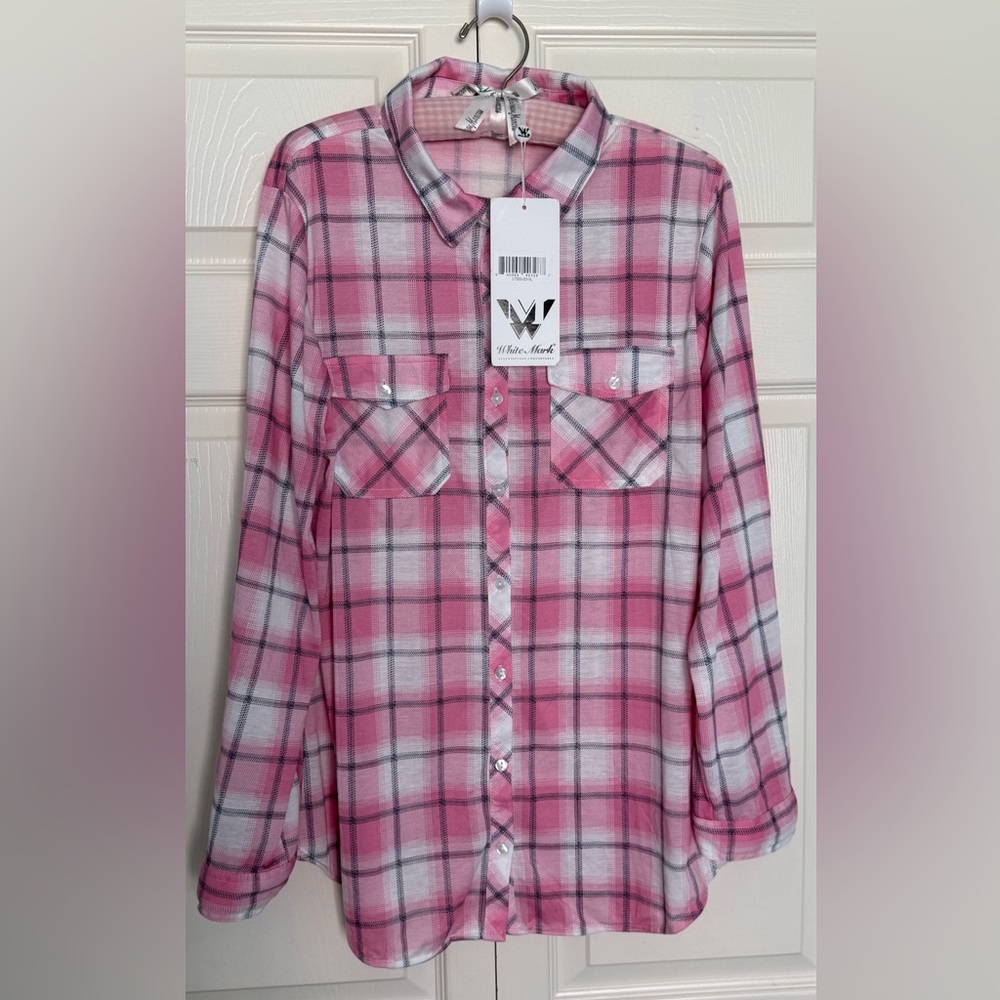 NWT White Mark Pink Plaid Button-Down Blouse-Size XL
